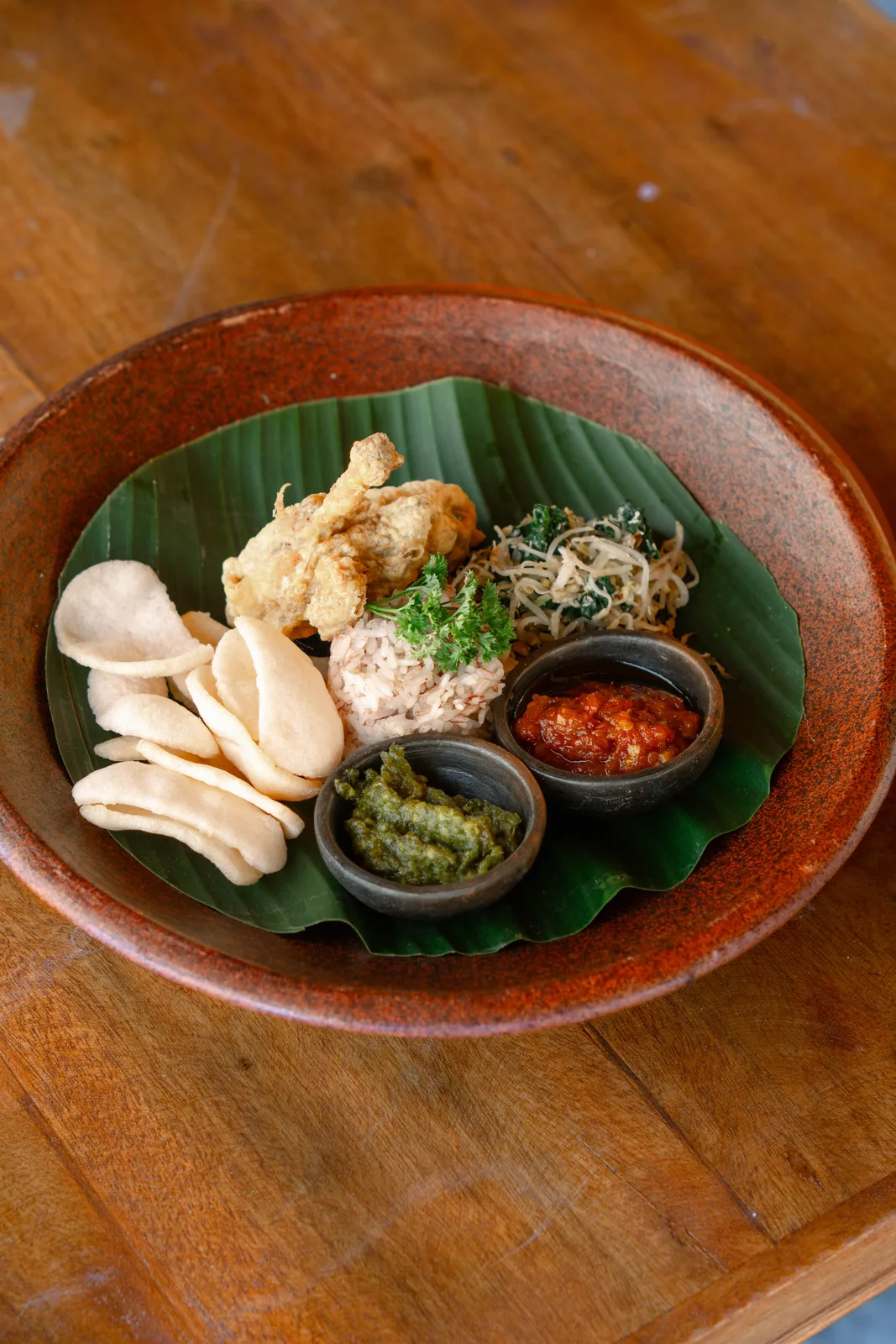 Fried chicken with rice and sambal